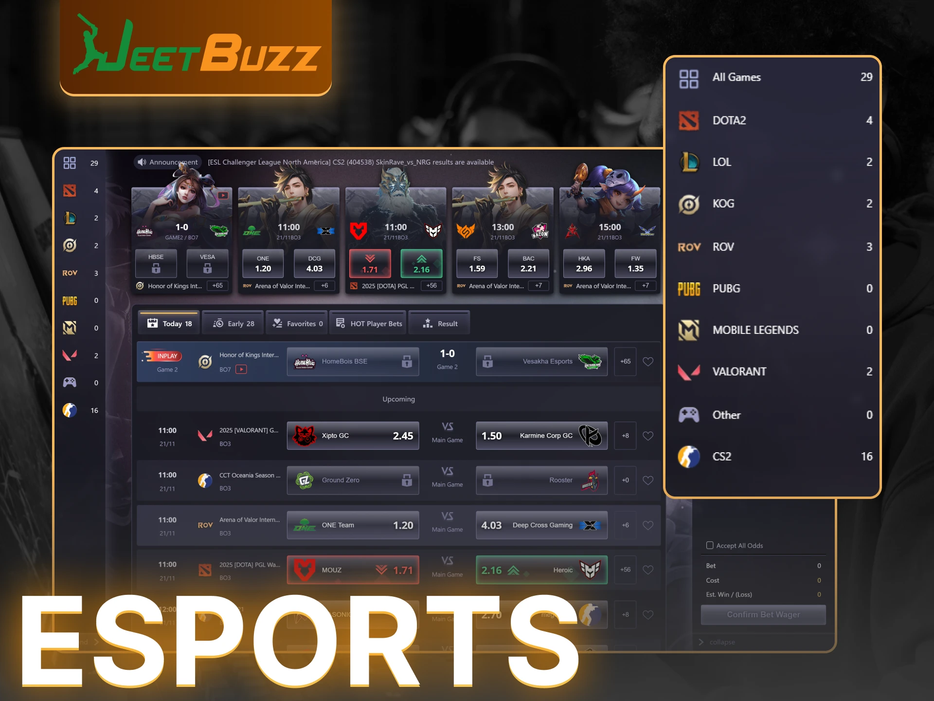 Place bets on esport tournaments with JeetBuzz.