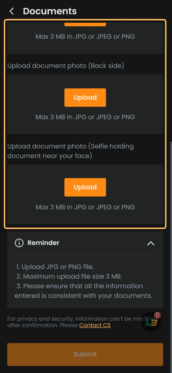 Load all needed photos to verify yourself at JeetBuzz.